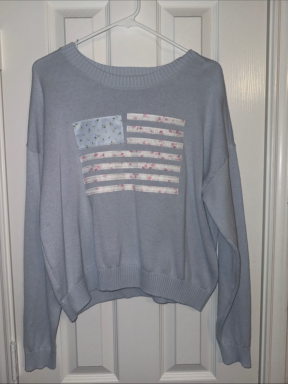 Aeropostale Light Blue Crewneck Sweater with Floral Flag Applique